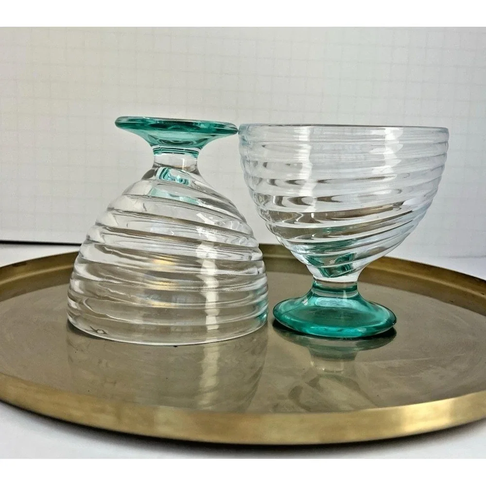 Dessert Cups Ribbed Footed Aqua Stem Sherbet Glasses Vintage Glassware Set of 2